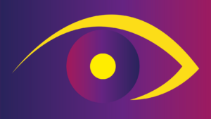 Logo del podcast Ti Vedo. Un occhio giallo su sfondo viola.